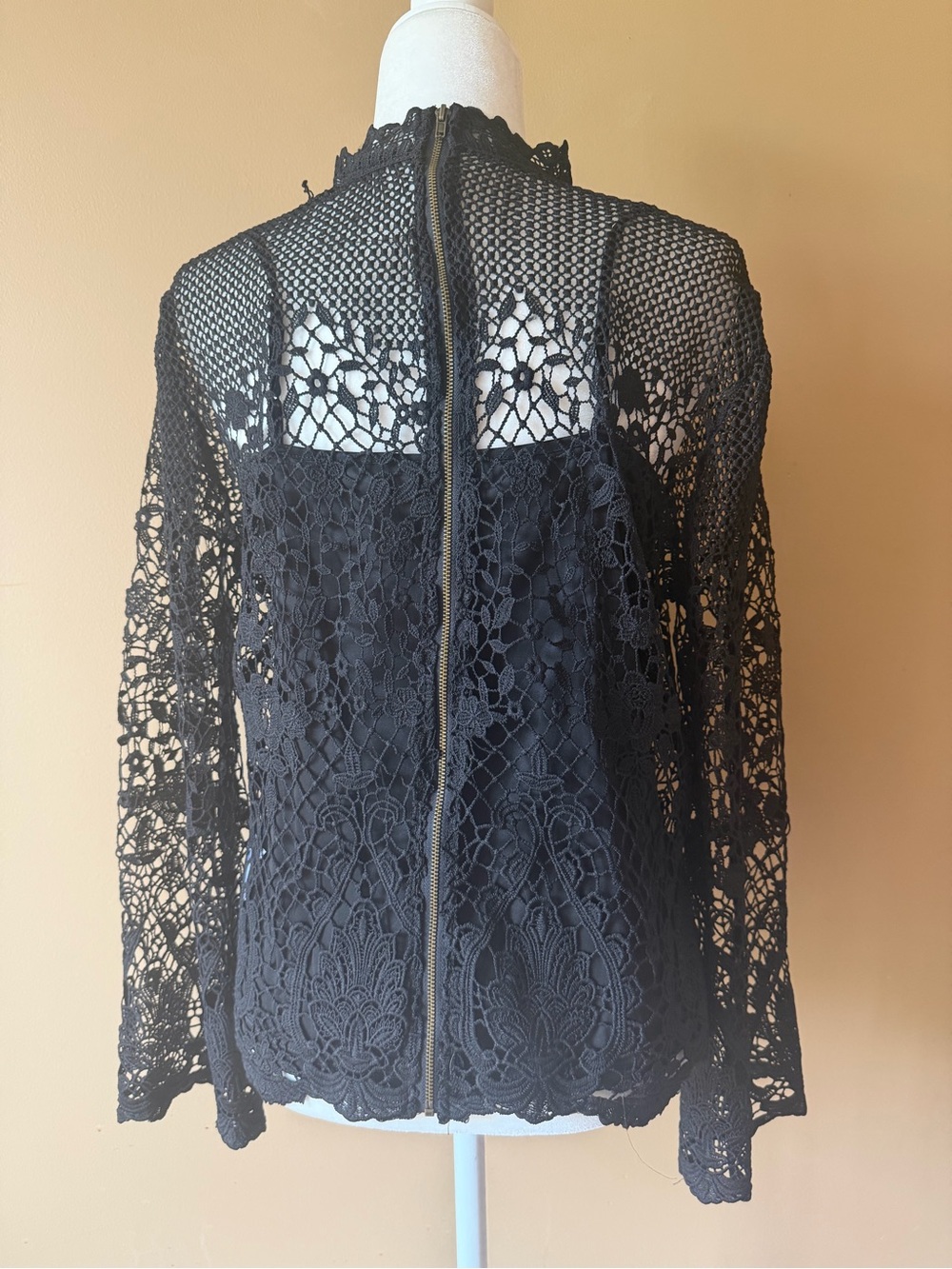 Style & Co. Black Lace Mock Neck Top with Camisole & Full Zip Back - Picture 3 of 10
